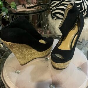 Candie's Black Suede-Look Espadrille Wedge Peep-Toe Heels